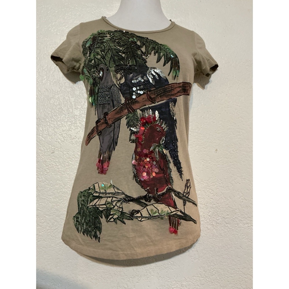 All Saints Spitalfields Faded Sage Bird Beaded Sequin T Shirt Size 10 Y2K Womens